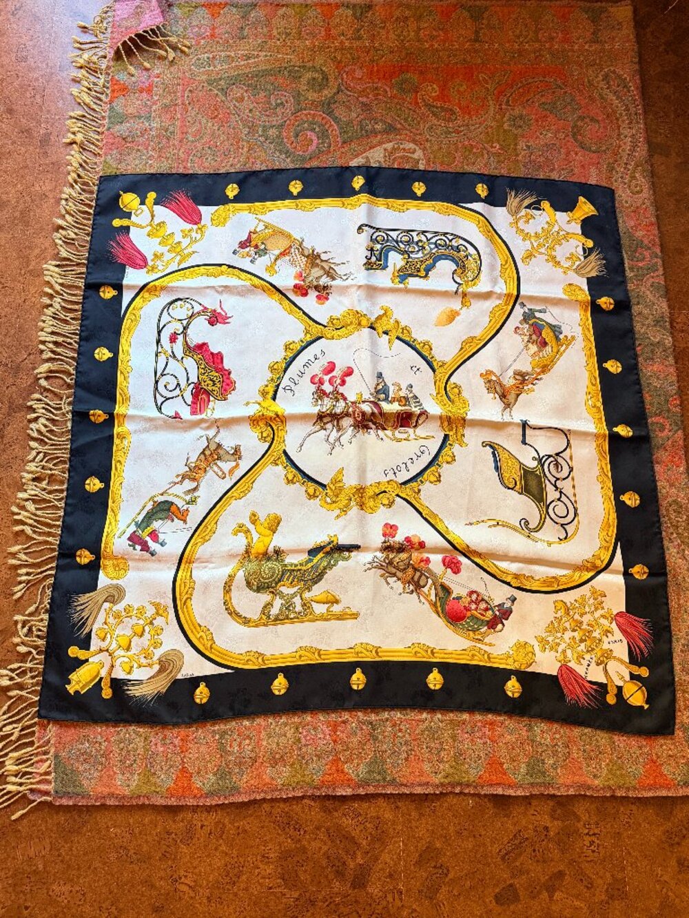 Hermes silk scarf - Plumes et grelots (black border)